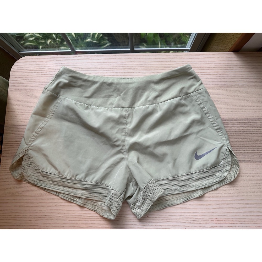 Nike Women Running Shorts Sage Green Olive Mesh Trim Zip Pocket athleisure